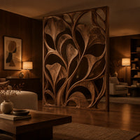 Openwork room divider with carved fan shaped leaves in a slim frame in an evening open-plan living room with walnut wall paneling
