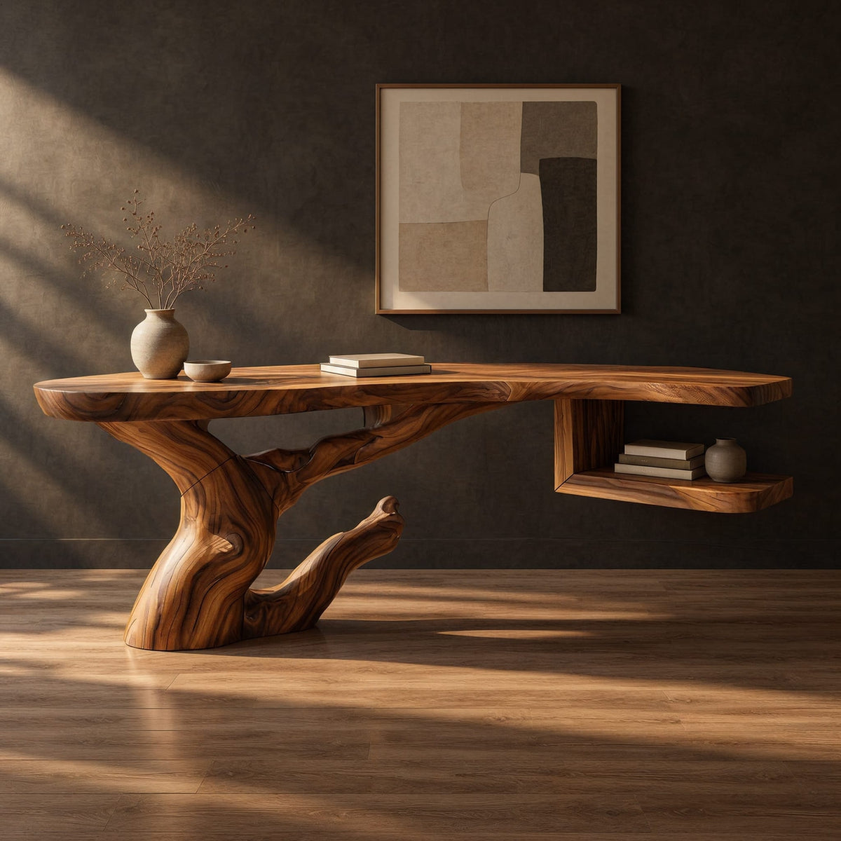 Freeform slab desk on a twisting root shaped base with an open side shelf in a dark studio against a charcoal plaster wall