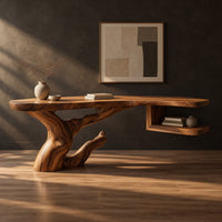 Freeform slab desk on a twisting root shaped base with an open side shelf in a dark studio against a charcoal plaster wall
