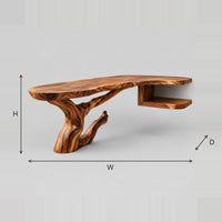 Root Base Desk With Freeform Slab Top And Open Side Shelf dimension diagram with width, height and depth