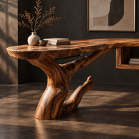 Corner detail of freeform slab desk on a twisting root shaped base with an open side shelf beside wood, brass and linen samples