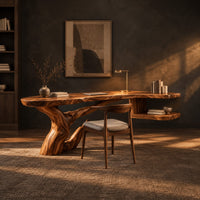 Freeform slab desk on a twisting root shaped base with an open side shelf in a dark home office at golden hour
