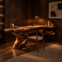 Freeform slab desk on a twisting root shaped base with an open side shelf in an evening home office with walnut wall paneling