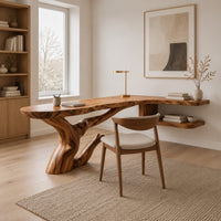 Freeform slab desk on a twisting root shaped base with an open side shelf in a Scandinavian home office with white walls