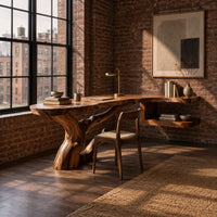 Freeform slab desk on a twisting root shaped base with an open side shelf in an industrial loft home office with exposed brick