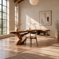 Freeform slab desk on a twisting root shaped base with an open side shelf in a bright open plan home office