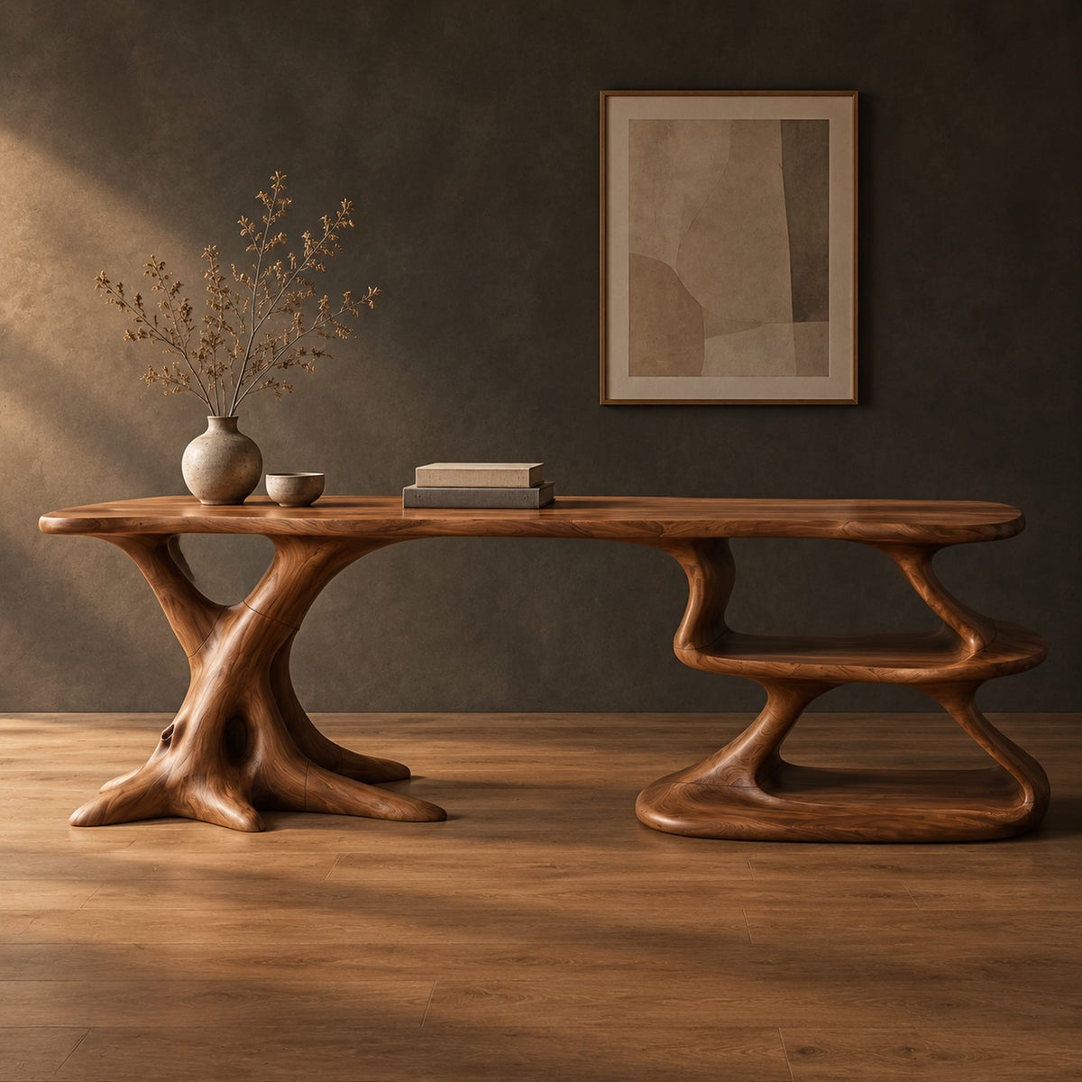 Desk with a root shaped leg and an open shelf pedestal in a dark studio against a charcoal plaster wall
