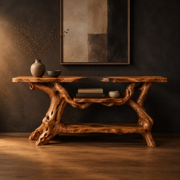 Root Branch Console Table With Two Slab Tops And Shelves