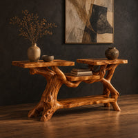 Console table with a branch root base, two slab tops and two shelves, three-quarter view showing the grain