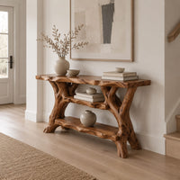 Console table with a branch root base, two slab tops and two shelves in a Scandinavian entryway with white walls