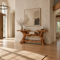 Console table with a branch root base, two slab tops and two shelves in a bright open plan entryway