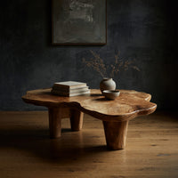 Free form live edge low table on stump legs in a dark studio against a charcoal wall