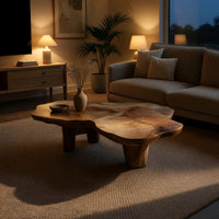 Free form live edge low table on stump legs in an evening room lit by two lamps