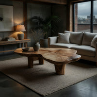 Free form live edge low table on stump legs in a concrete and timber loft