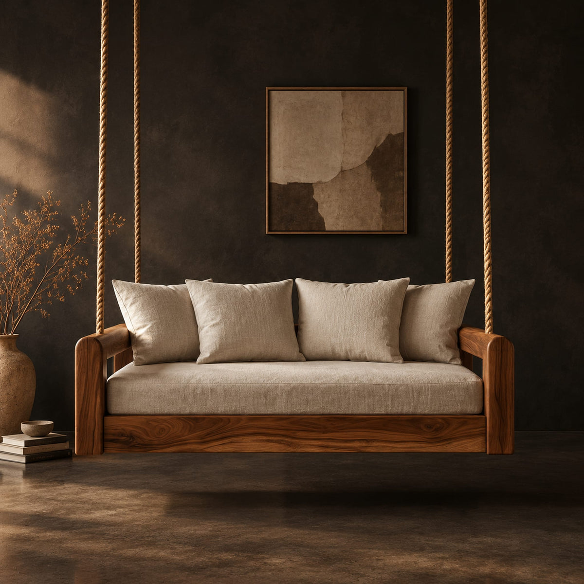 Rope hung swing with open frame arms and a deep seat cushion in a dark studio against a charcoal plaster wall