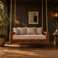 Rope hung swing with open frame arms and a deep seat cushion in a dark porch at golden hour