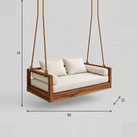 Rope Hung Wooden Swing With Low Frame And Cream Seat Cushion dimension diagram with width, height and depth