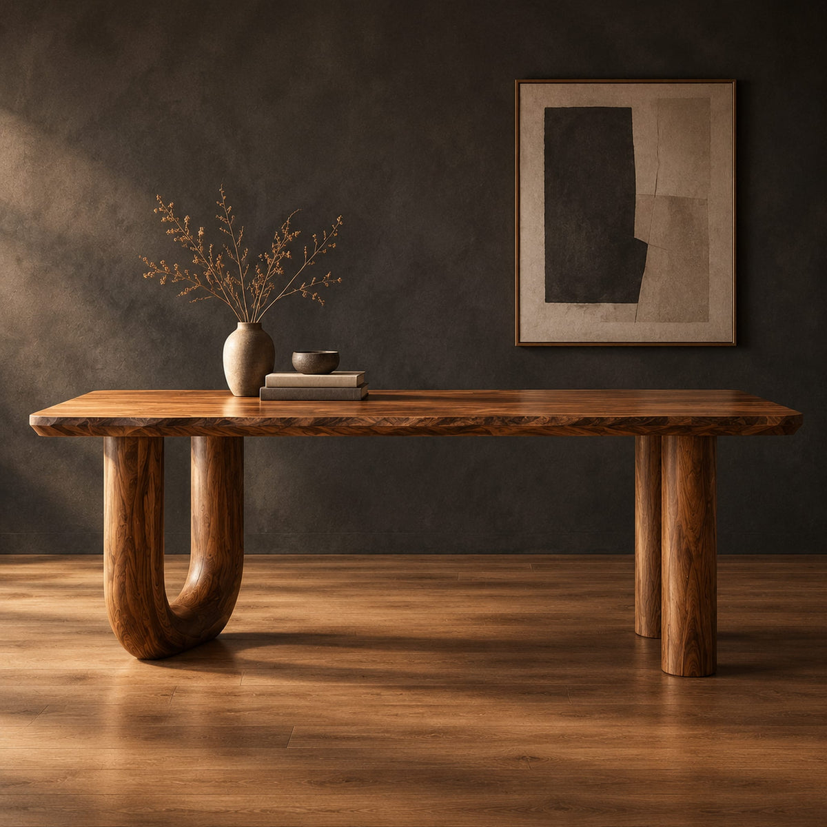 Plank top desk with a u shaped leg and two column legs in a dark studio against a charcoal plaster wall