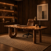 Plank top desk with a u shaped leg and two column legs in an evening home office with walnut wall paneling