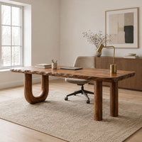 Plank top desk with a u shaped leg and two column legs in a Scandinavian home office with white walls