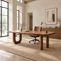 Plank top desk with a u shaped leg and two column legs in a bright open plan home office