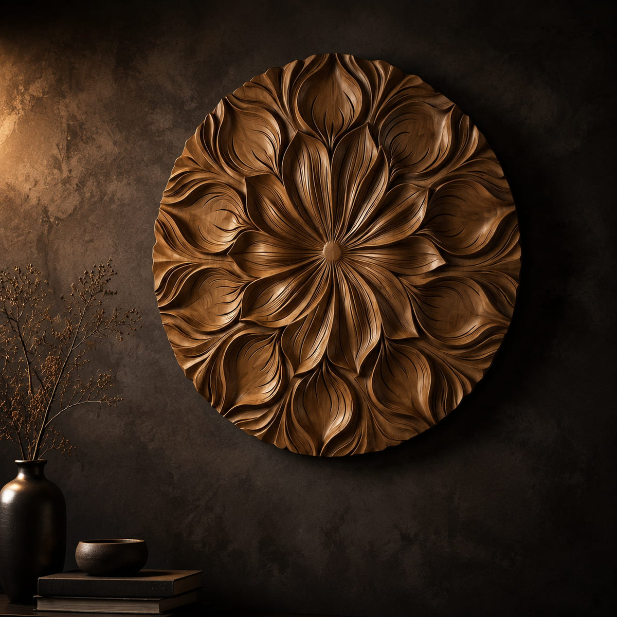 Round carved flower medallion with layers of overlapping petals on a dark charcoal plaster wall