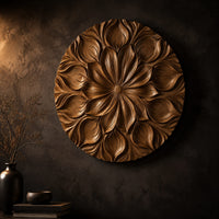 Round carved flower medallion with layers of overlapping petals on a dark charcoal plaster wall