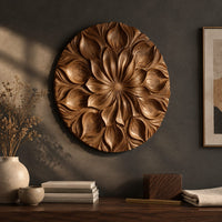Detail of round carved flower medallion with layers of overlapping petals beside wood, brass and linen samples