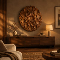 Round carved flower medallion with layers of overlapping petals above a low console in an evening living room