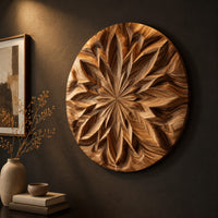 Round carved wood wall art with a radiating petal mandala pattern, three-quarter view showing the carved depth