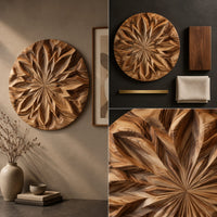 Detail of round carved wood wall art with a radiating petal mandala pattern beside wood, brass and linen samples