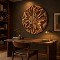 Round carved wood wall art with a radiating petal mandala pattern above a desk in a dark study corner