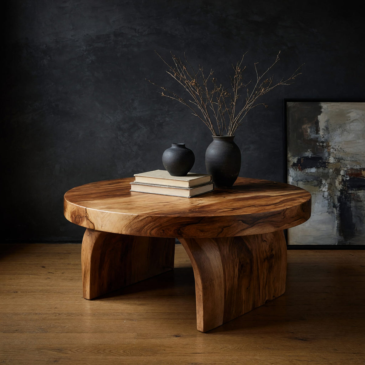 Round coffee table on curved arched legs in a dark studio against a charcoal wall