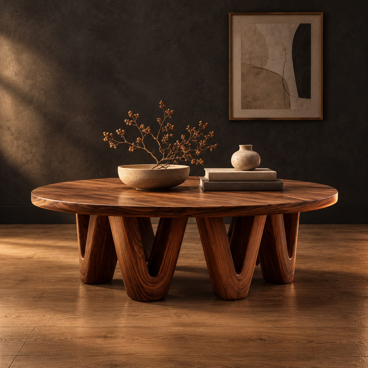 Round coffee table with a wide flat top on chunky v shaped legs in a dark studio against a charcoal plaster wall