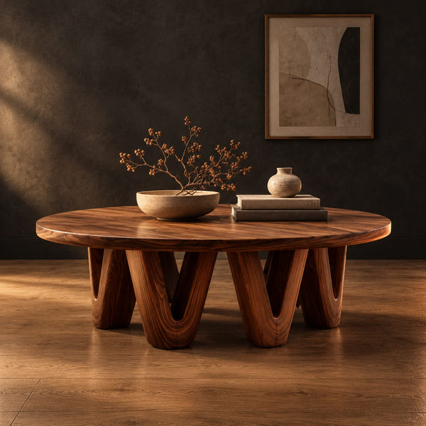 Round Coffee Table On Chunky V Shaped Legs With Wide Flat Top