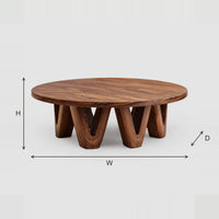 Round Coffee Table On Chunky V Shaped Legs With Wide Flat Top dimension diagram with width, height and depth