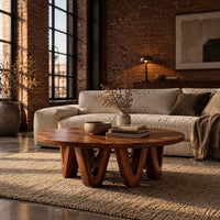 Round coffee table with a wide flat top on chunky v shaped legs in an industrial loft living room with exposed brick