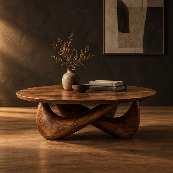 Round Coffee Table With A Crossed Sculpted Base