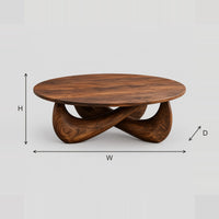 Round Coffee Table With A Crossed Sculpted Base dimension diagram with width, height and depth