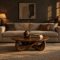 Round coffee table with a thin top and a crossed sculpted base in a dark living room at golden hour