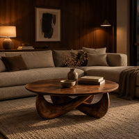 Round coffee table with a thin top and a crossed sculpted base in an evening living room with walnut wall paneling