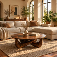 Round coffee table with a thin top and a crossed sculpted base in a bright living room with arched windows and plants