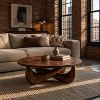 Round coffee table with a thin top and a crossed sculpted base in an industrial loft living room with exposed brick
