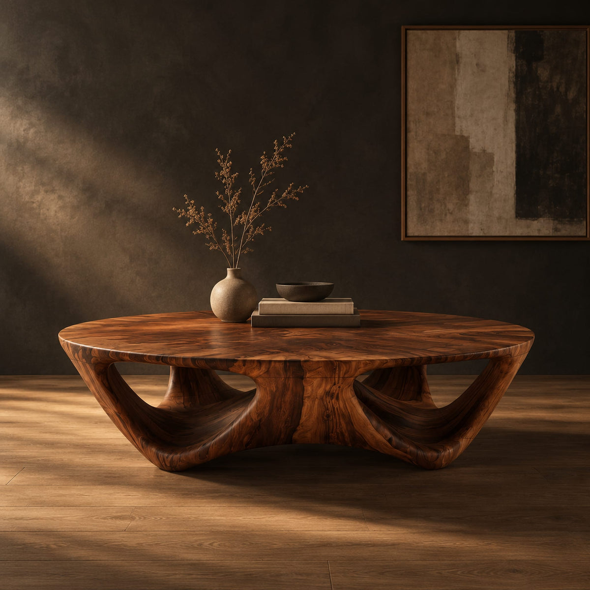 Round coffee table with a flared sculpted base and scooped arch openings in a dark studio against a charcoal plaster wall