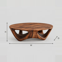 Round Coffee Table With A Flared Base And Scooped Arch Openings dimension diagram with width, height and depth