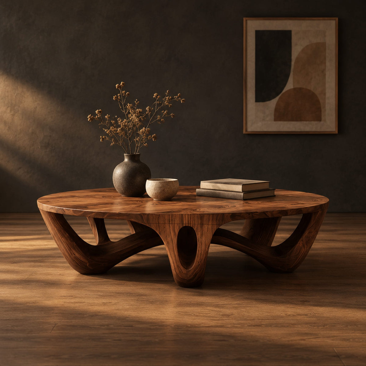 Round coffee table with arched sculpted legs and oval openings in a dark studio against a charcoal plaster wall