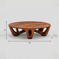 Round Coffee Table With Arched Sculpted Legs And Oval Openings dimension diagram with width, height and depth