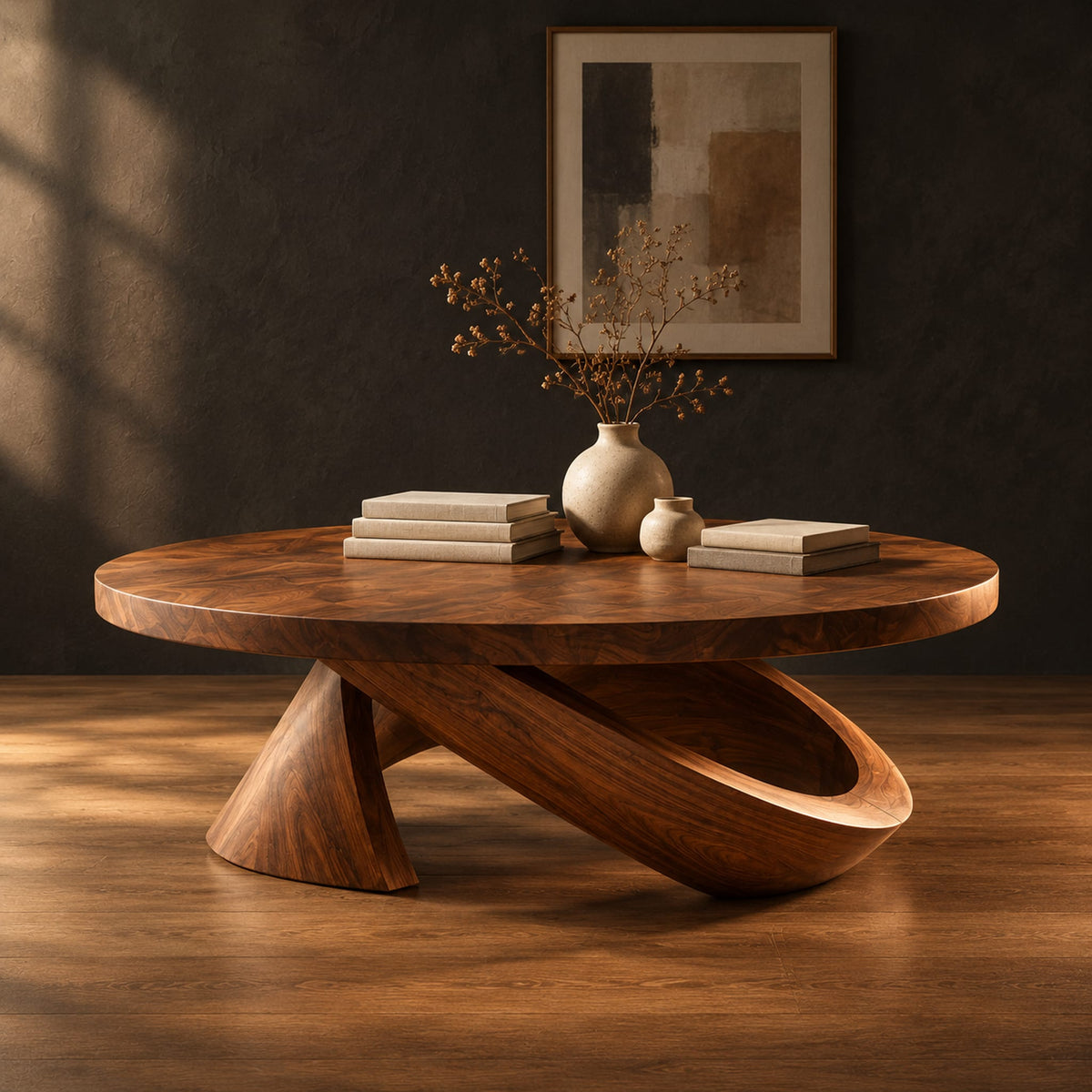 Round coffee table with a cone foot and a tilted open loop base in a dark studio against a charcoal plaster wall
