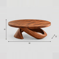 Round Coffee Table With Cone Foot And Tilted Open Loop Base dimension diagram with width, height and depth