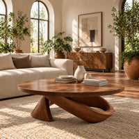 Round coffee table with a cone foot and a tilted open loop base in a bright living room with arched windows and plants